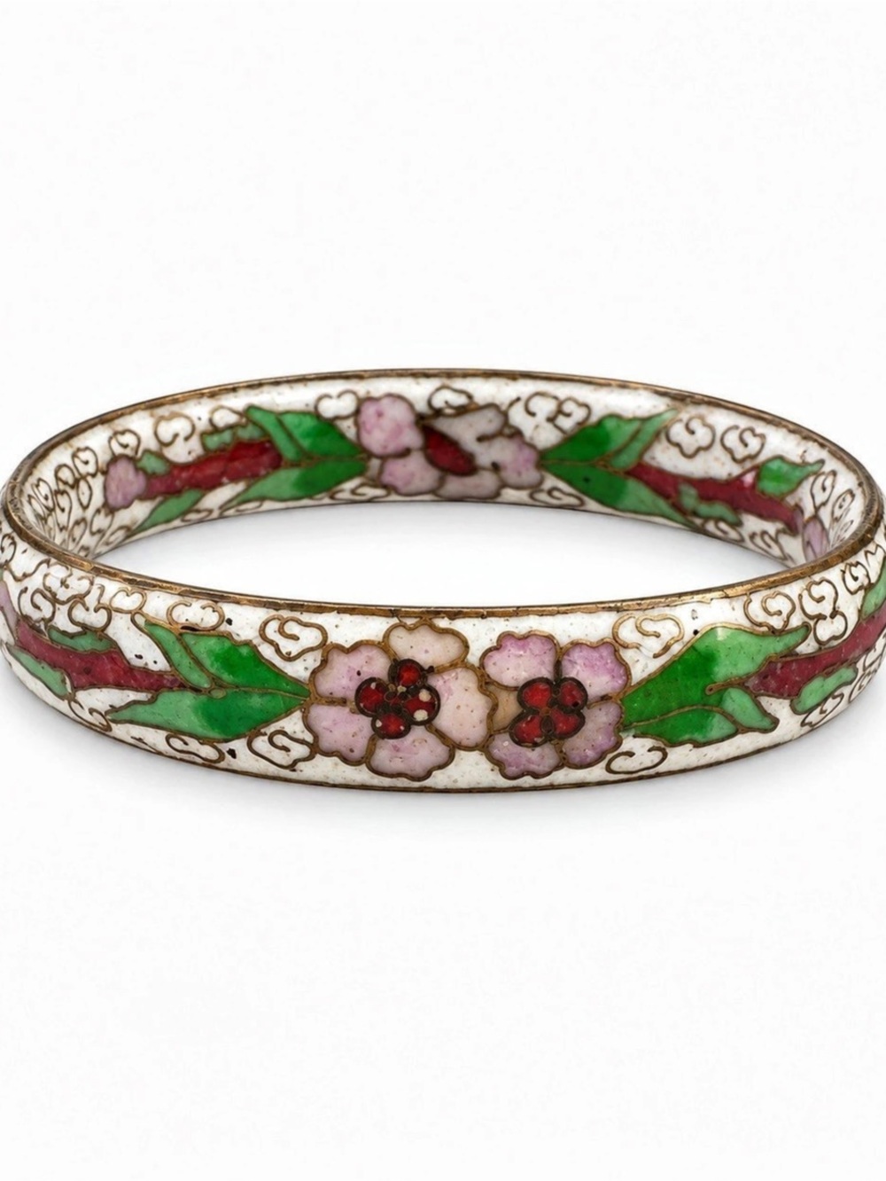 Vintage Cloisonné Floral Enamel Bangle Bracelet White Pink Green Gold Tone